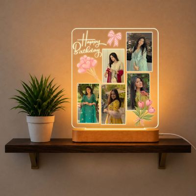 Happy Birthday LED Photo Collage Lamp for Girls & Women Personalized Birthday Photo Frame Night Light with 5 Photo  Warm White Decorative Table Lamp & Birthday Gift